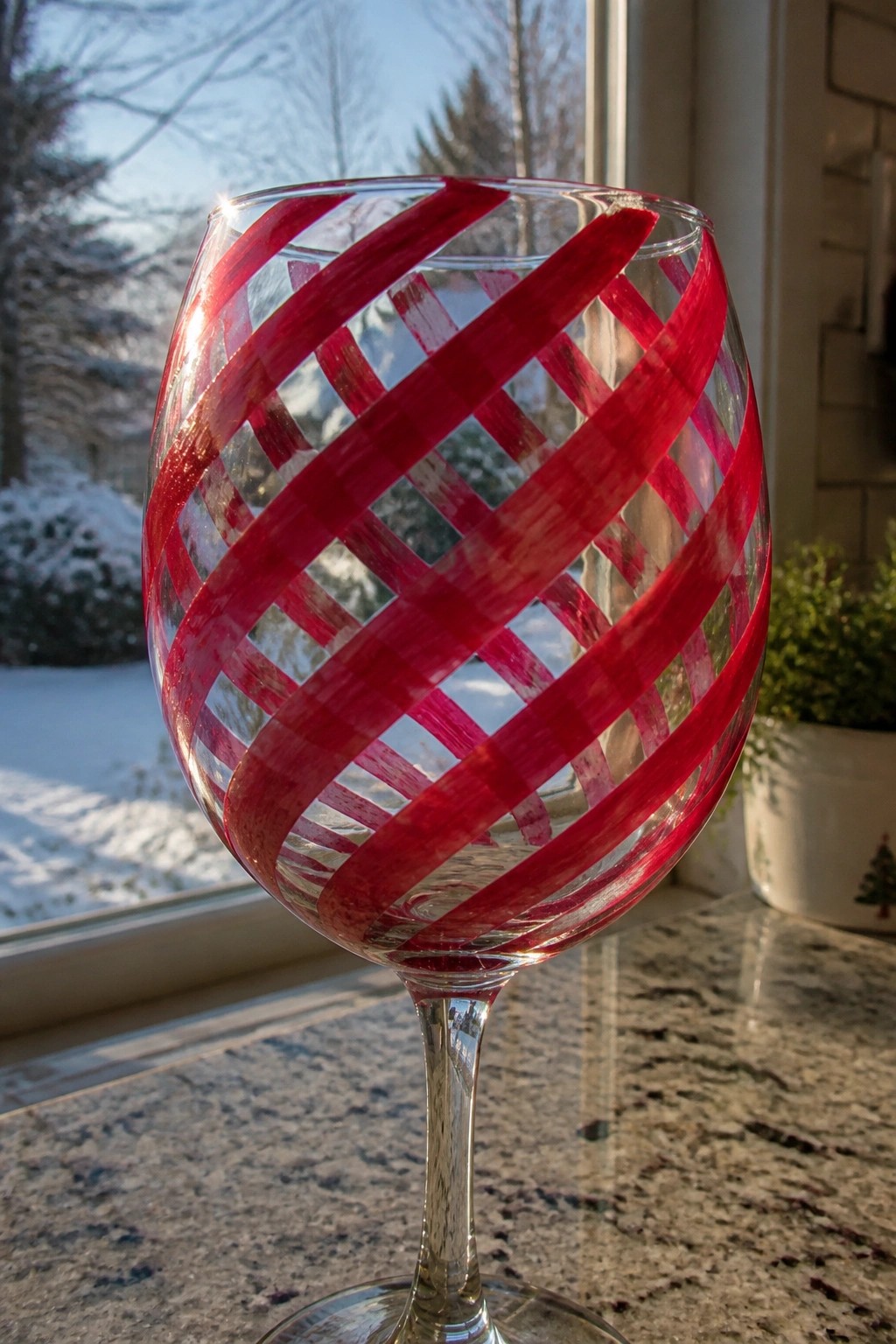 Red lattice-patterned wine glass on granite countertop with snowy window view behind