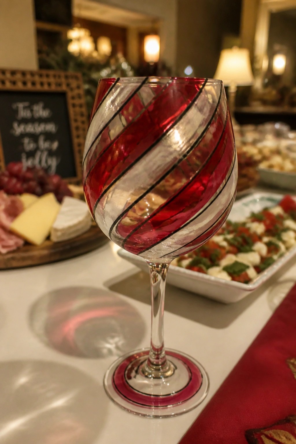 Red striped wine glass on table with cheese board and caprese salad behind