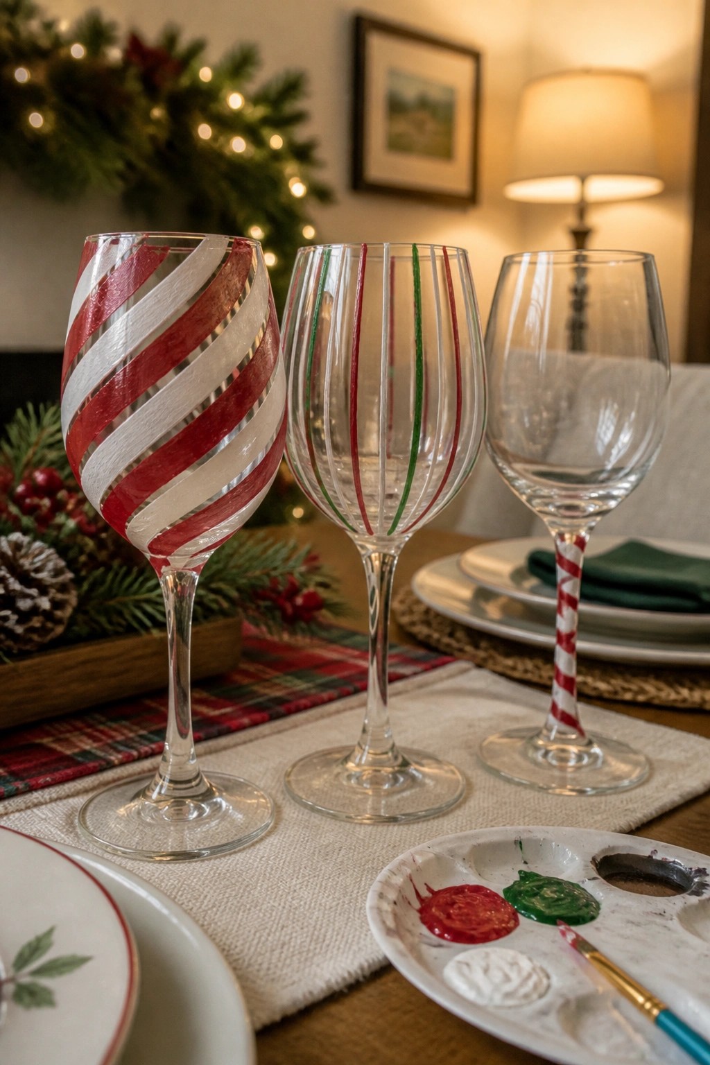 Three Christmas wine glasses with red-green stripes beside paint palette on table