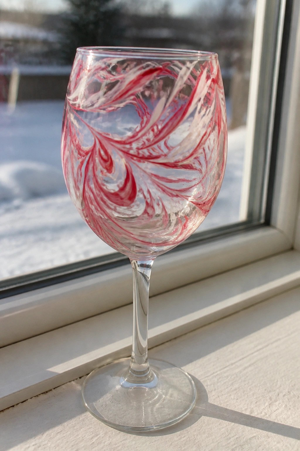 Wine glass with red-white swirls on sunlit snowy windowsill