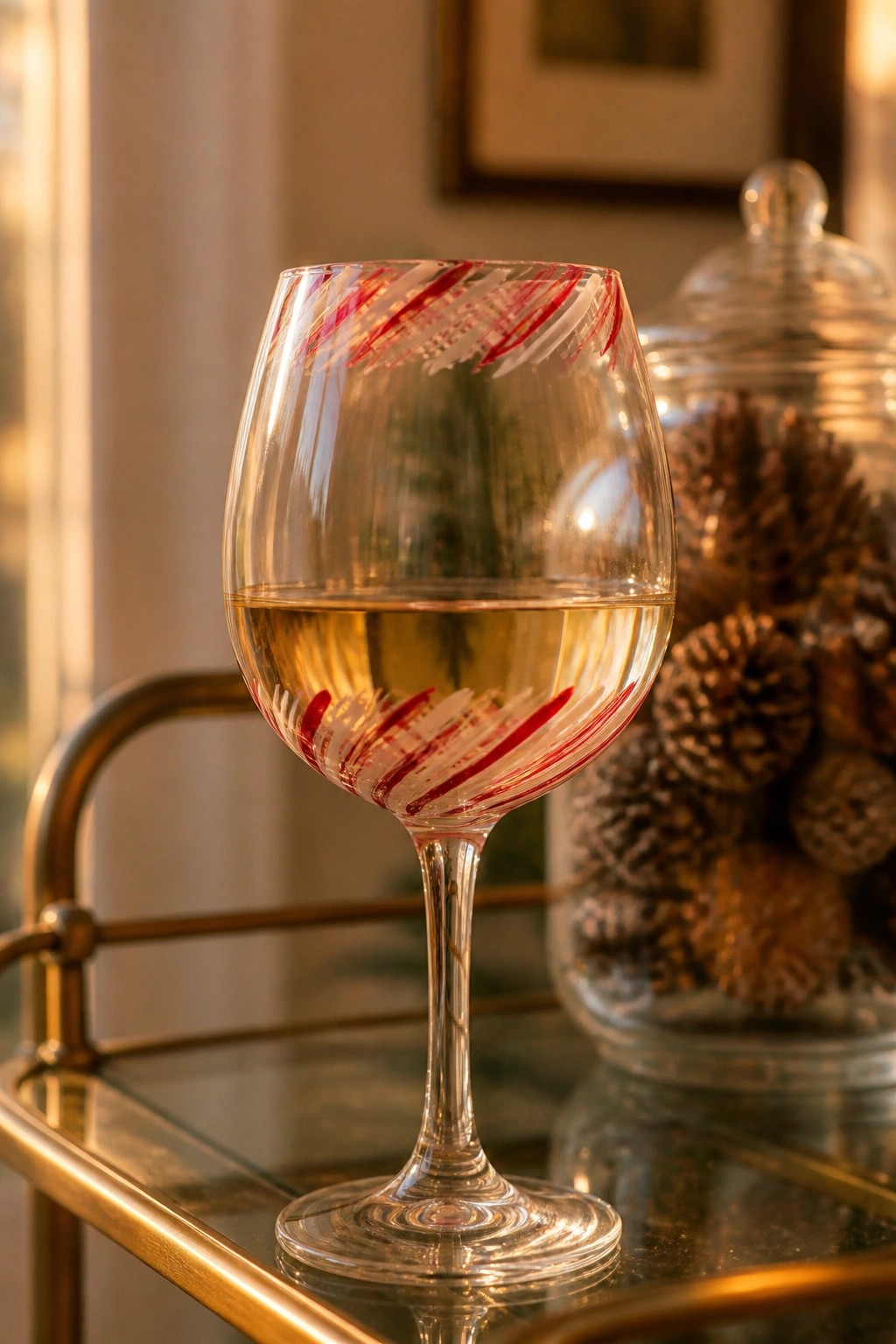 Wine glass with red and white stripes holding white wine beside pinecones in jar