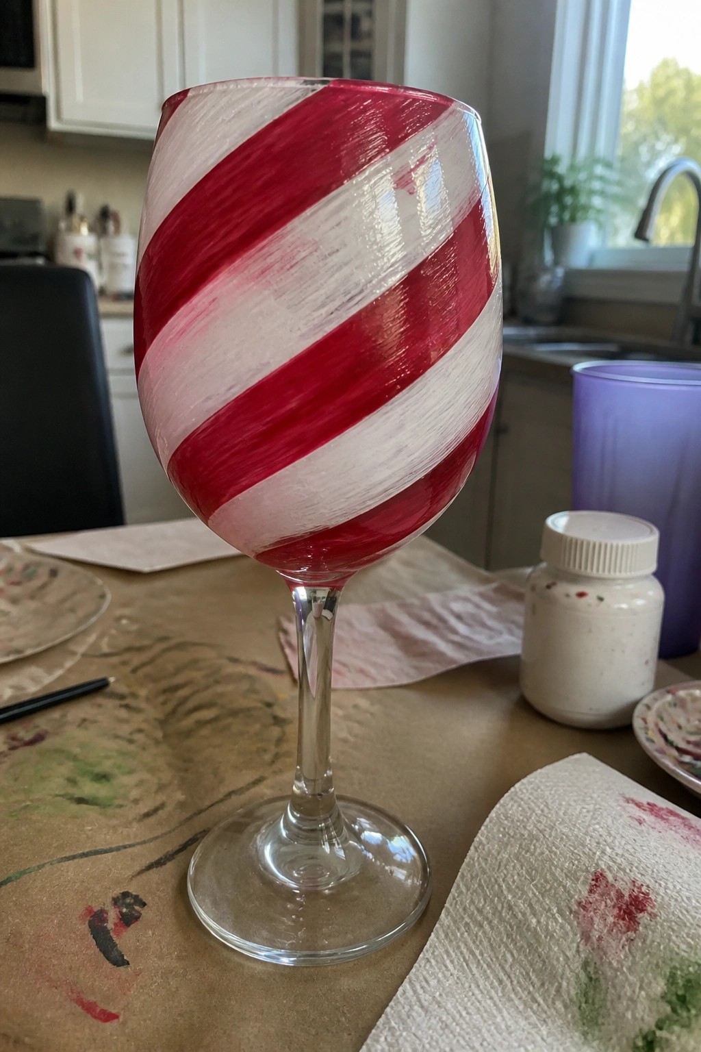 Red and white striped painted wine glass on kitchen table with supplies