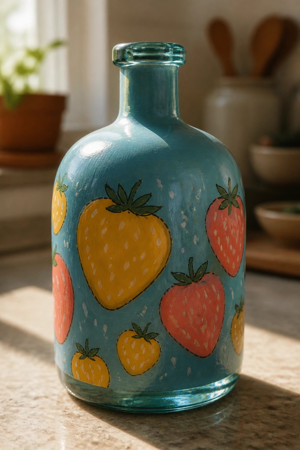 Teal hand-painted glass bottle with red and yellow strawberries on kitchen counter.