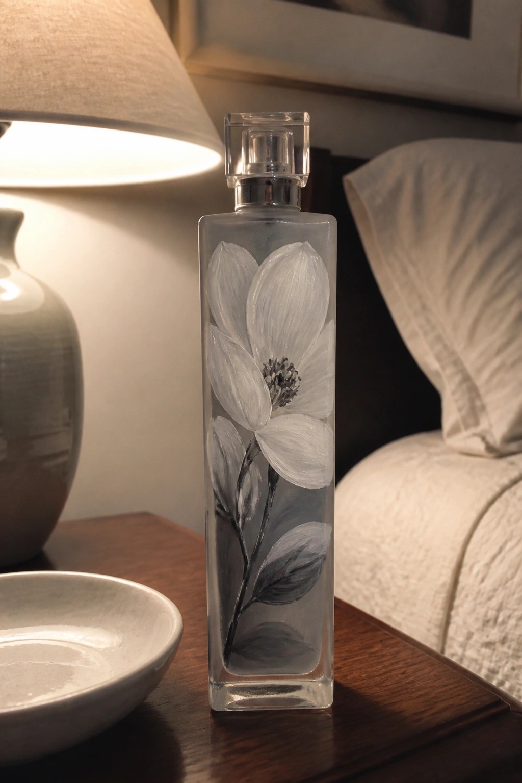 Tall glass bottle with white floral painting on wooden table beside lamp