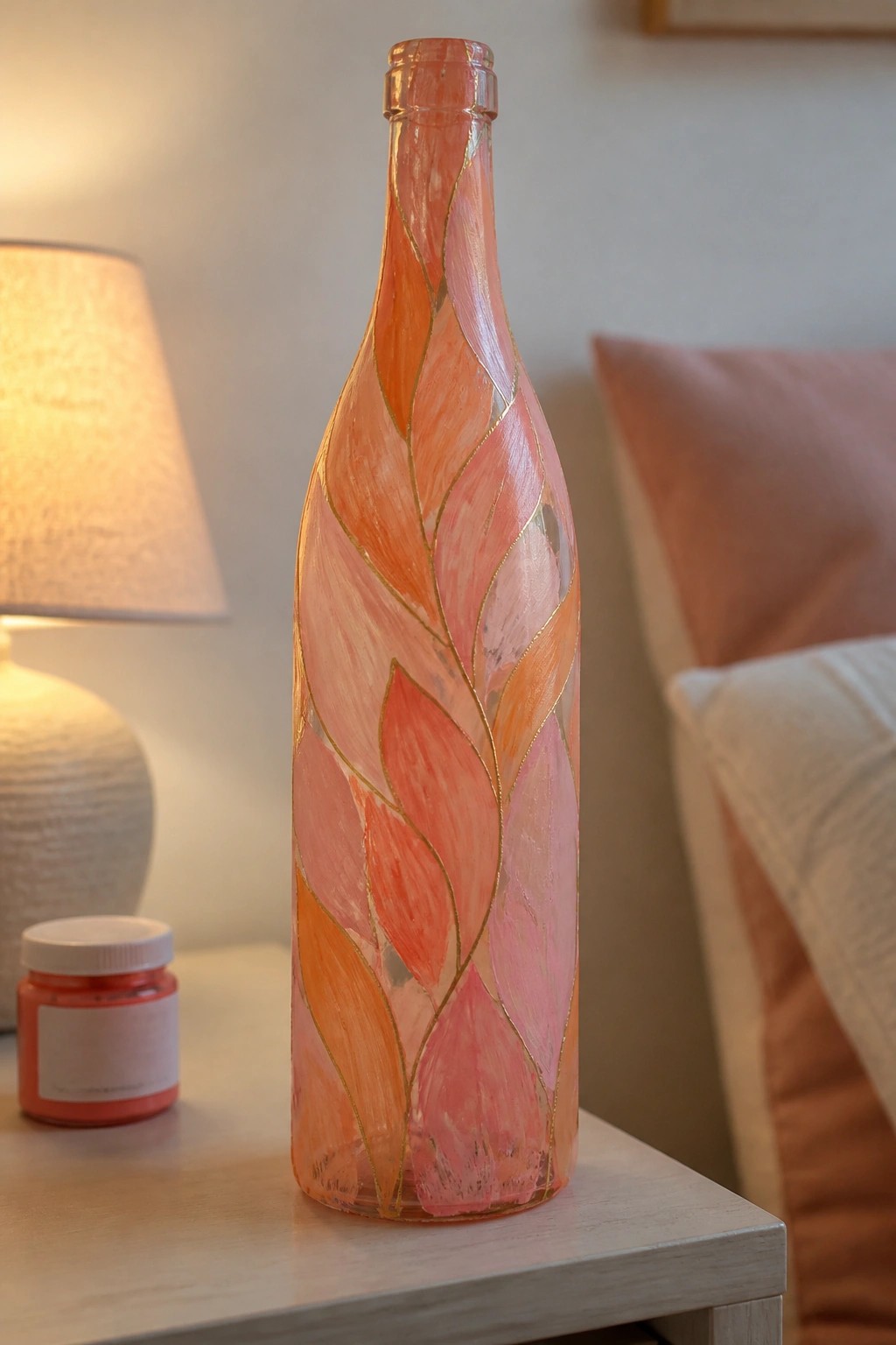 Painted glass bottle with pink-orange leaves and gold outlines on wooden table