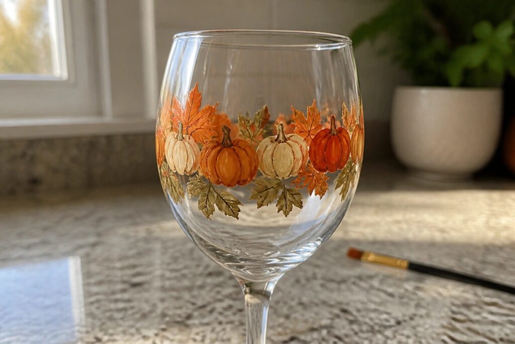 25 Unique Hand-Painted Fall Wine Glasses Centered on Mixed Pumpkin and Leaf Bands Hand-painted wine glass with orange pumpkins and colorful autumn leaves.
