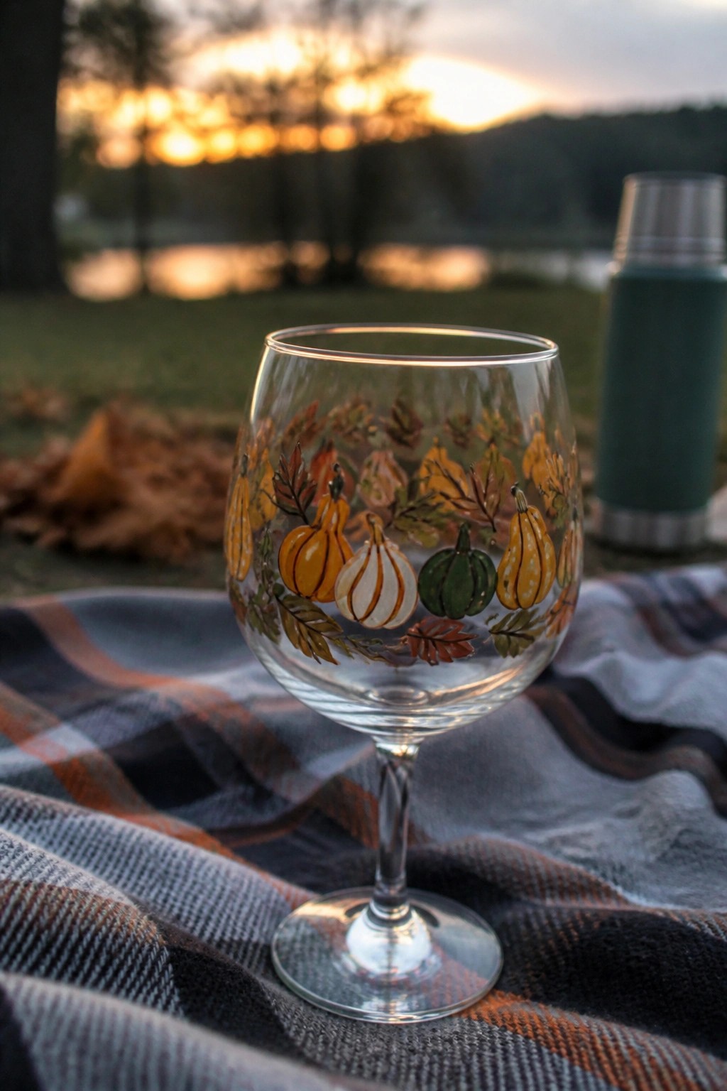 Autumn-themed wine glass with pumpkins on plaid blanket at sunset picnic