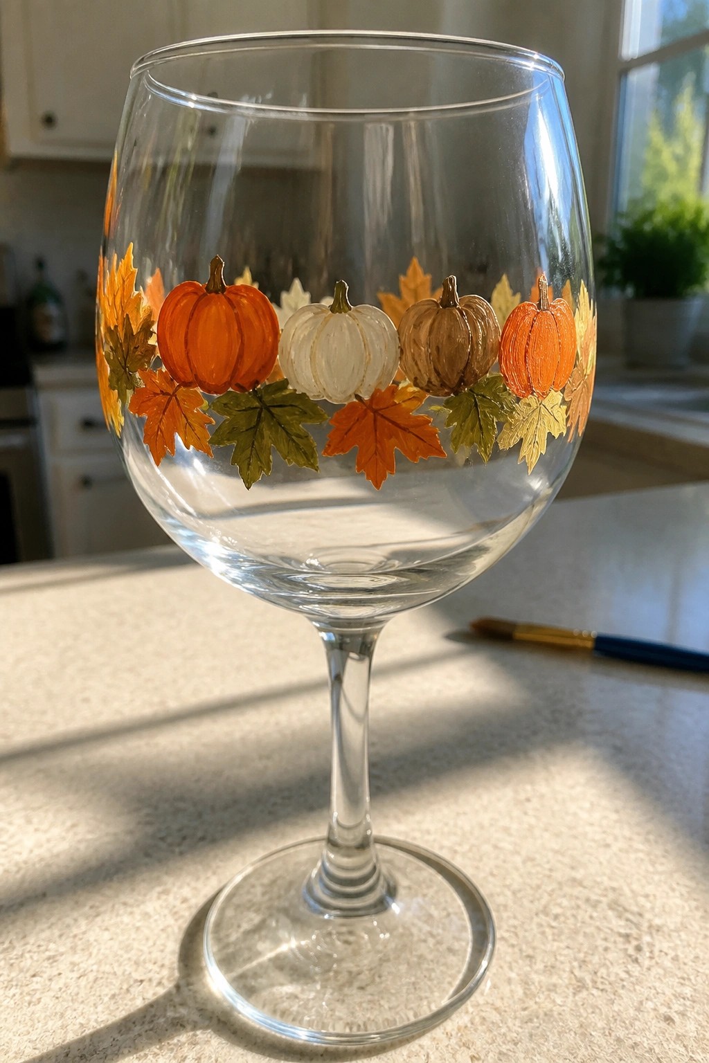 Hand-painted wine glass with orange pumpkins and colorful autumn leaves.