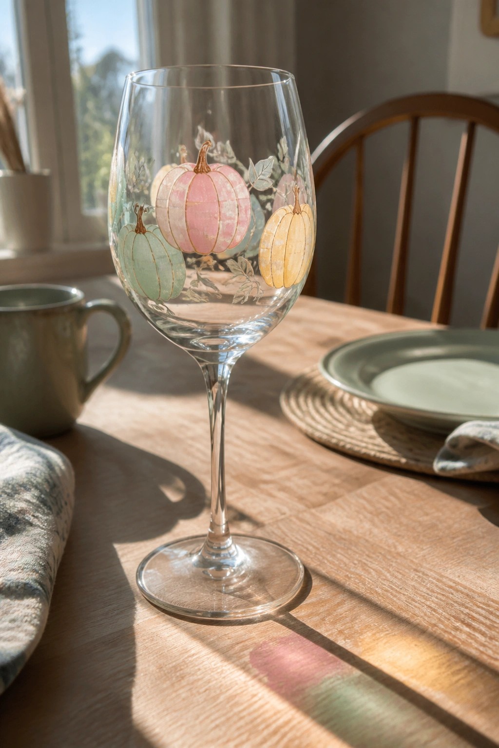 Wine glass with pastel pumpkins on sunlit wooden dining table with green plate.