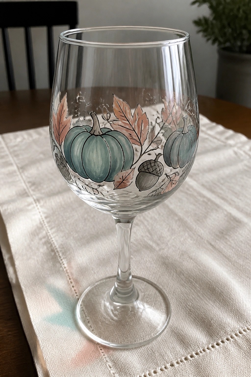 Wine glass hand-painted with teal pumpkins, acorns, and autumn leaves on white cloth.