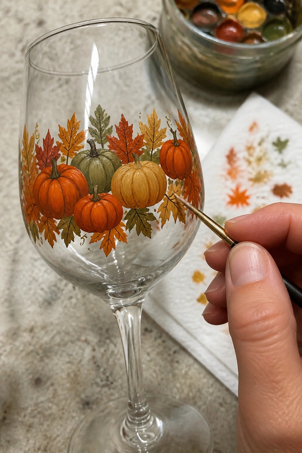 Hand painting leaf on wine glass with orange pumpkins and autumn leaves