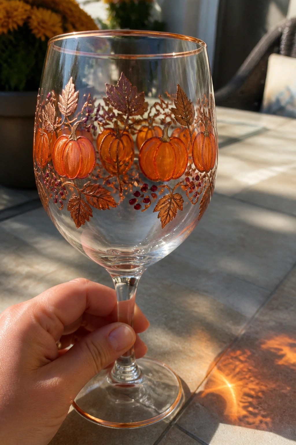 Hand holding wine glass decorated with orange pumpkins, copper leaves, and berries