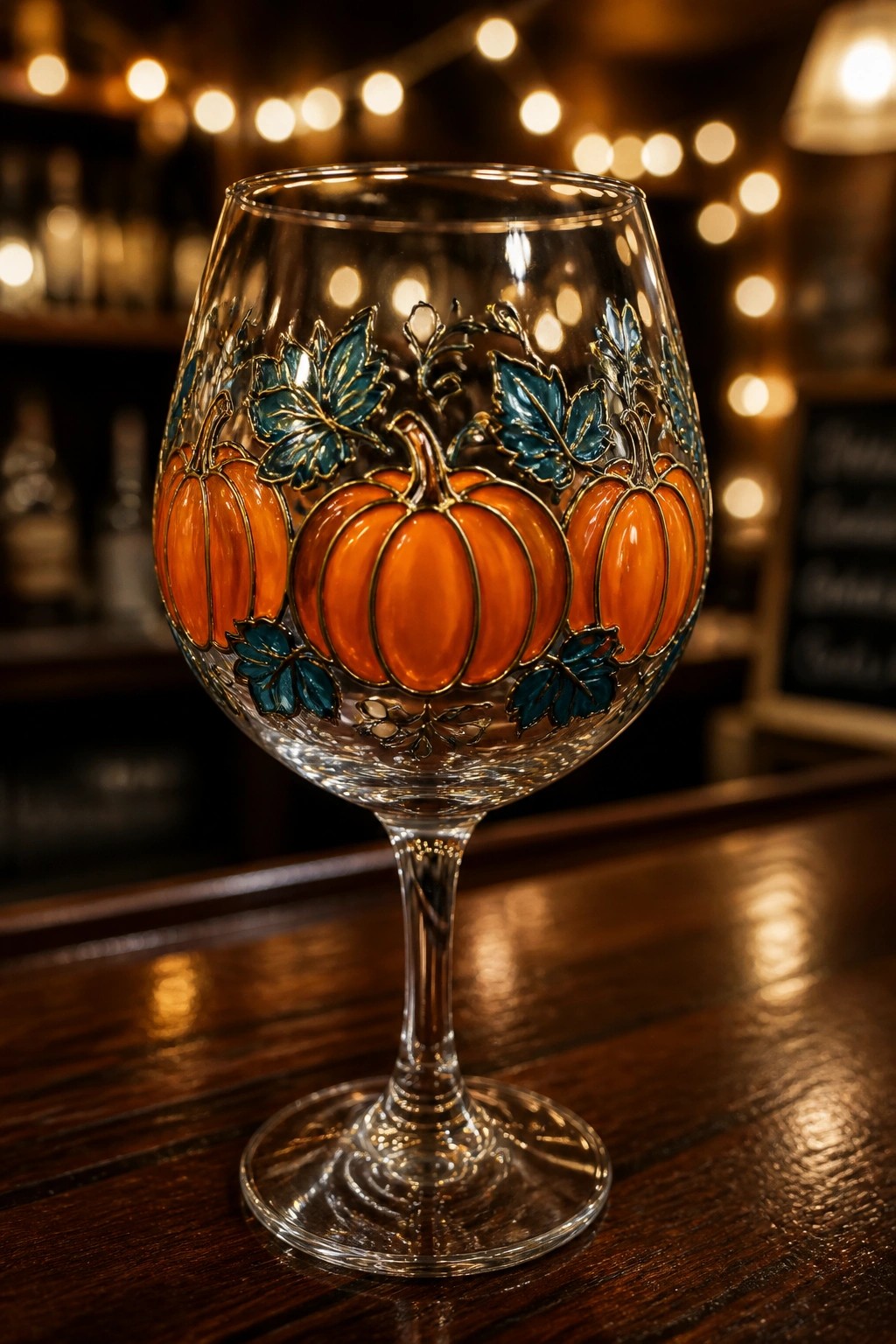 Stemmed wine glass with orange pumpkins, teal leaves, and gold accents on wood table