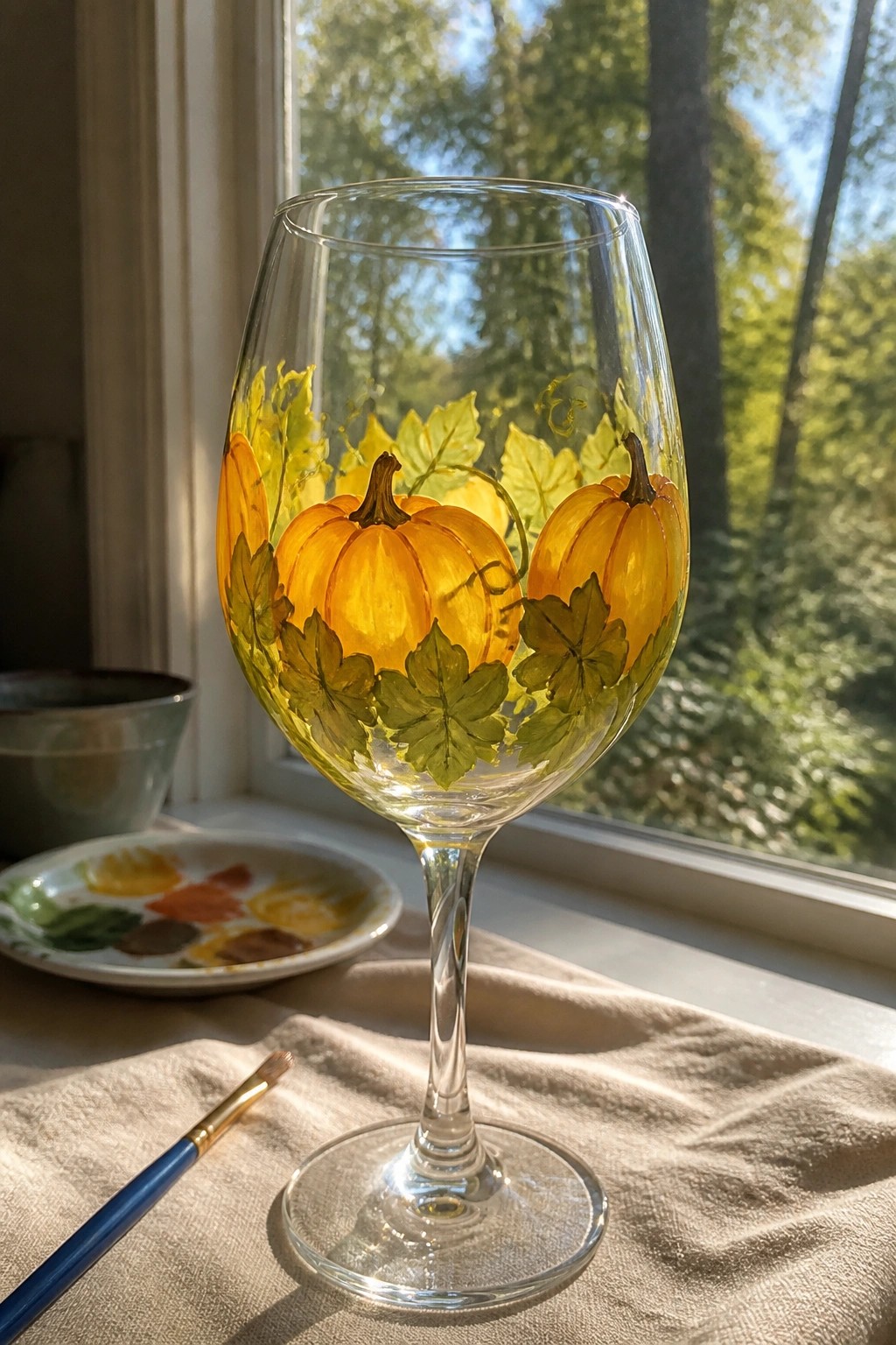Wine glass hand-painted with orange pumpkins and green leaves beside palette and brush.