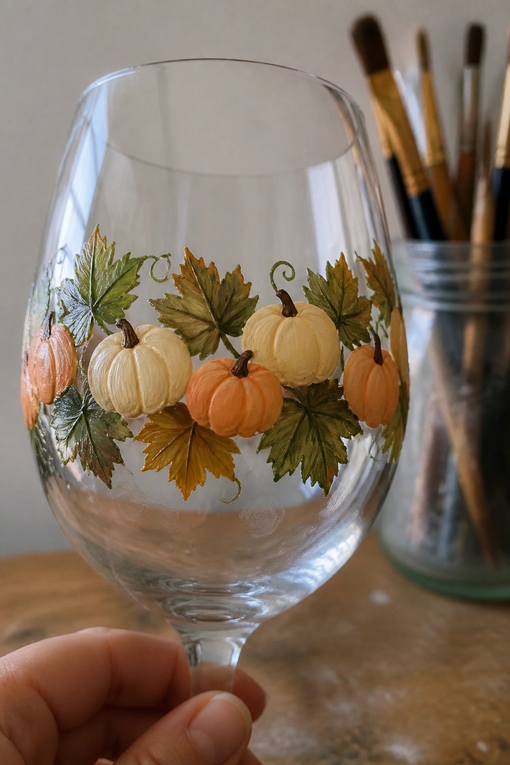 Hand holding wine glass painted with orange pumpkins and autumn leaves.