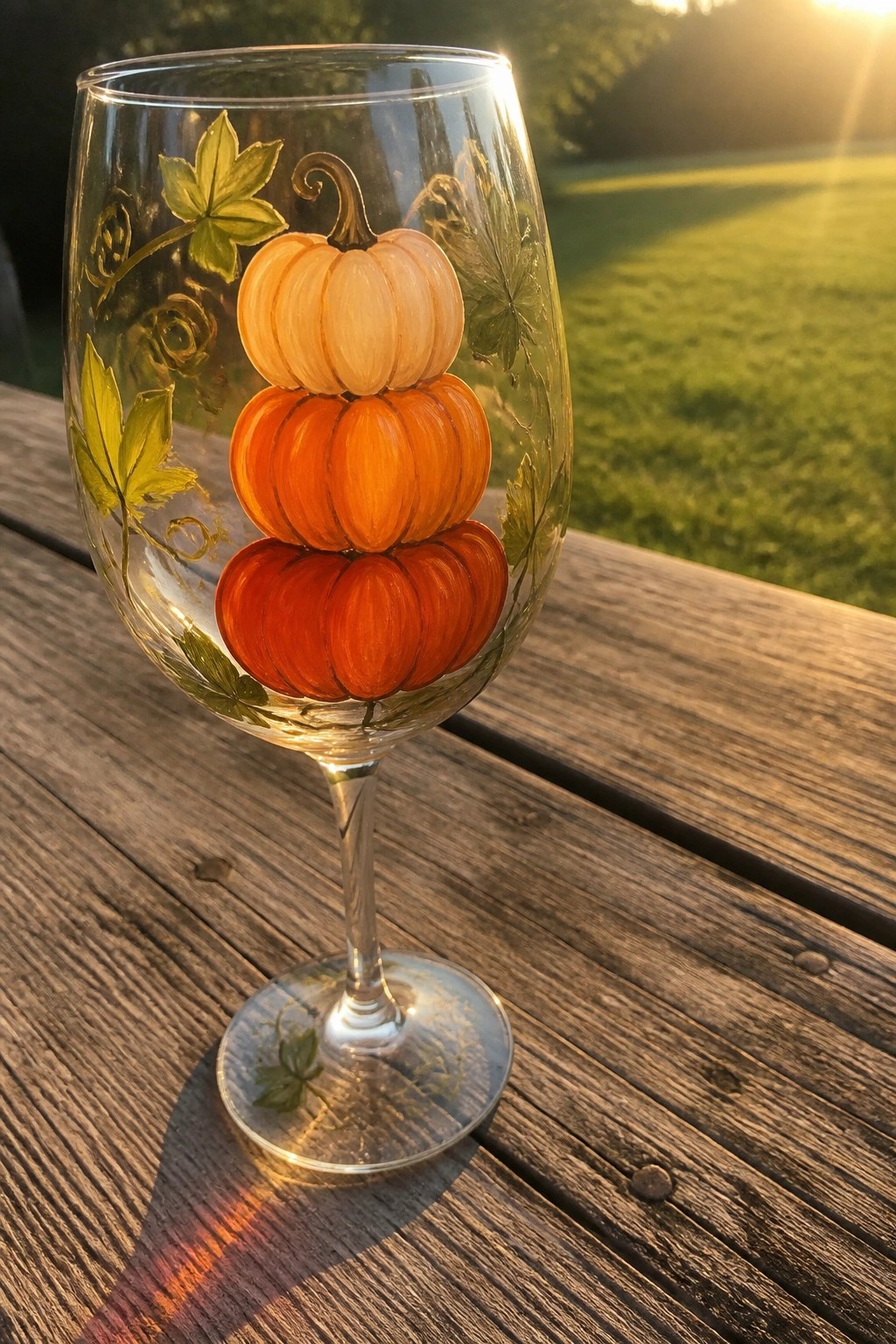 Hand-painted wine glass with three stacked orange pumpkins and green leaves on wooden table