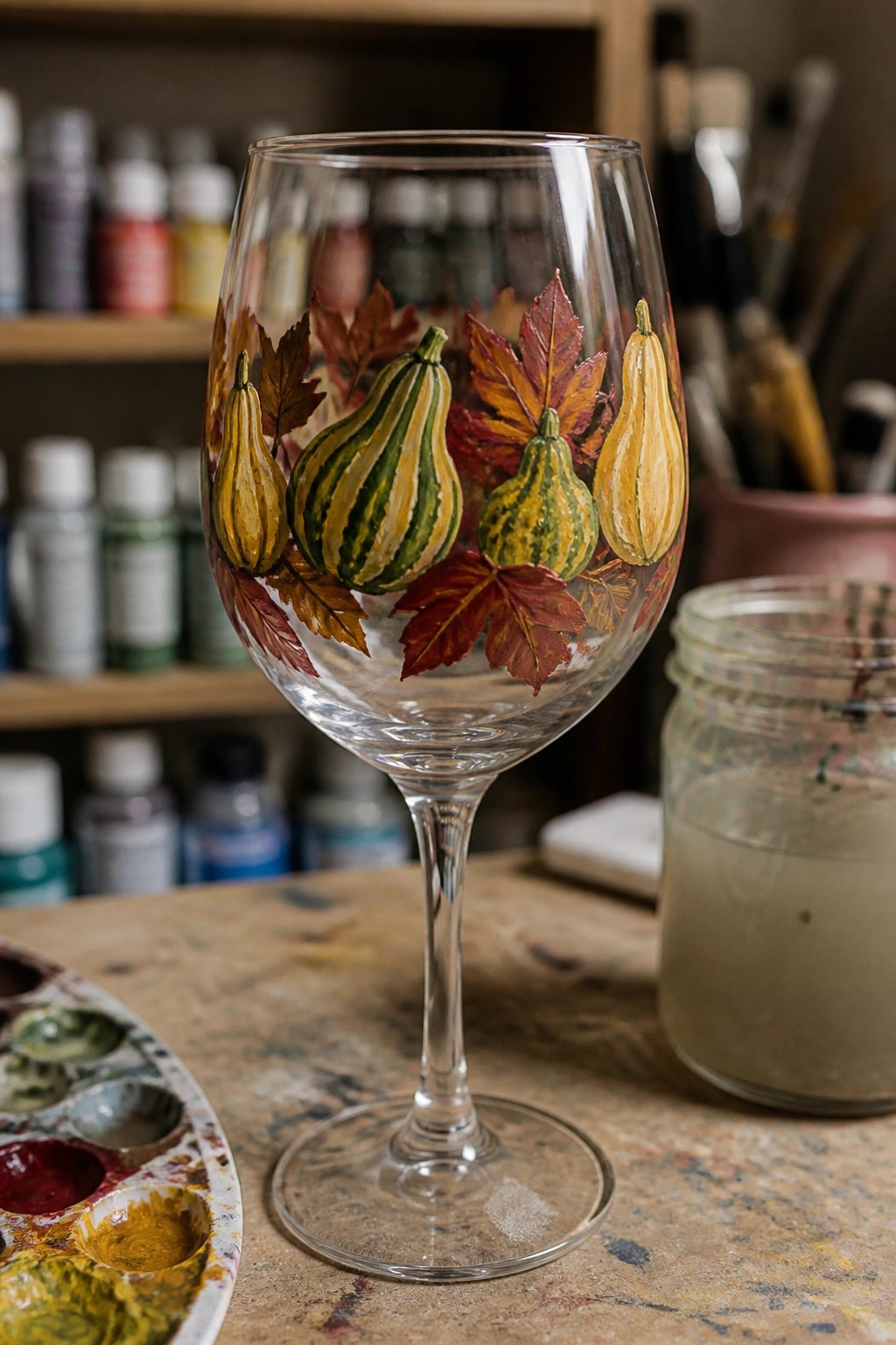 Painted wine glass with striped gourds and autumn leaves amid art supplies on wood.