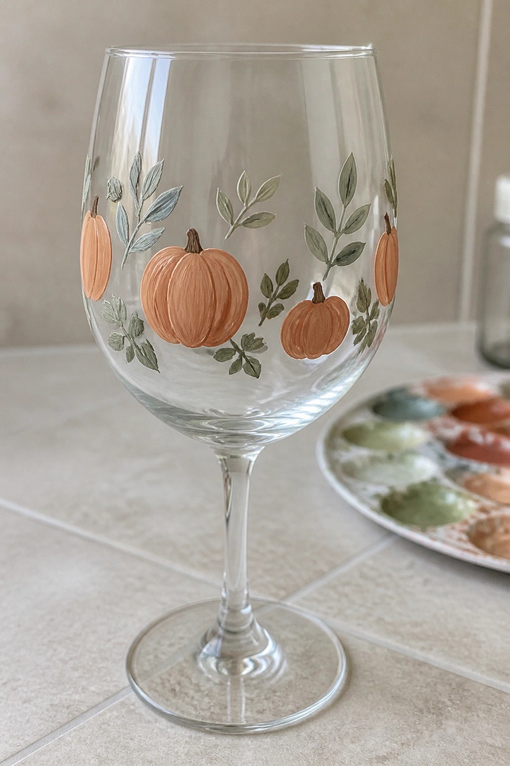 Wine glass hand-painted with orange pumpkins and green leaves beside paint palette