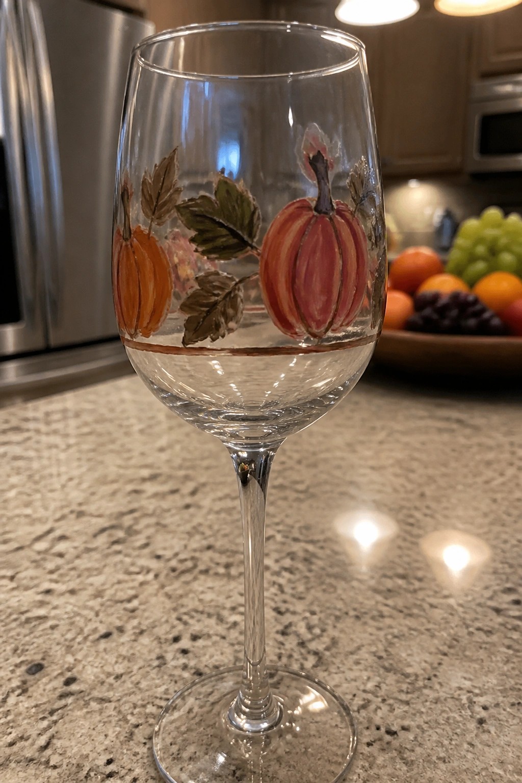 Hand-painted wine glass with orange and red pumpkins and leaves on kitchen counter