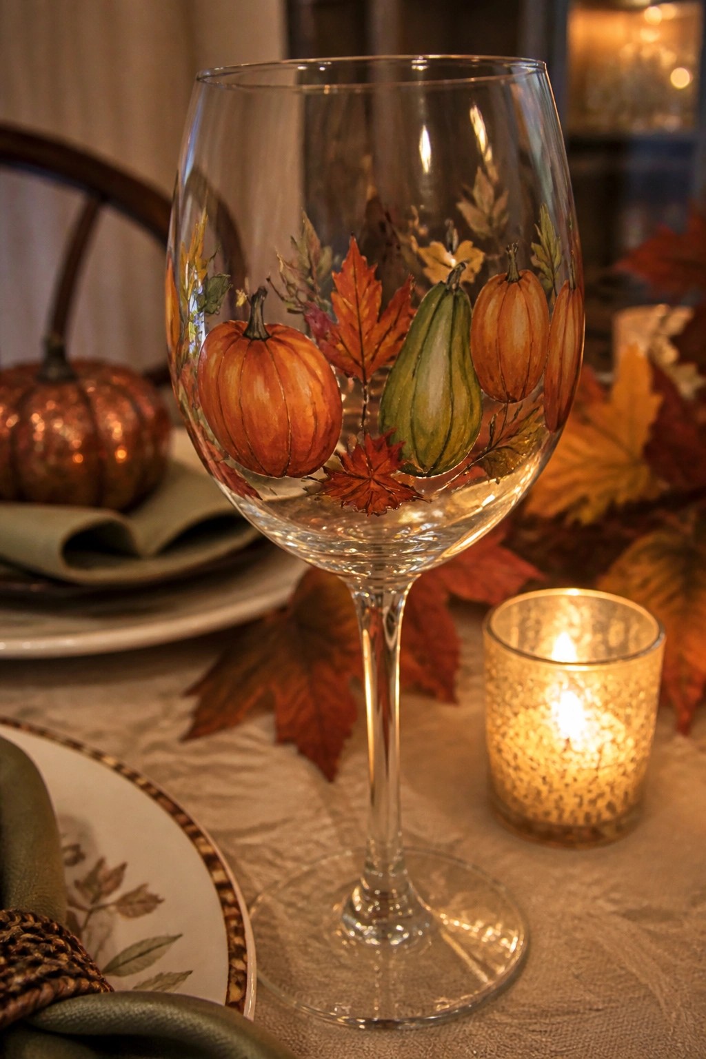Autumn wine glass painted with pumpkins, gourds, and colorful fall leaves beside lit candle