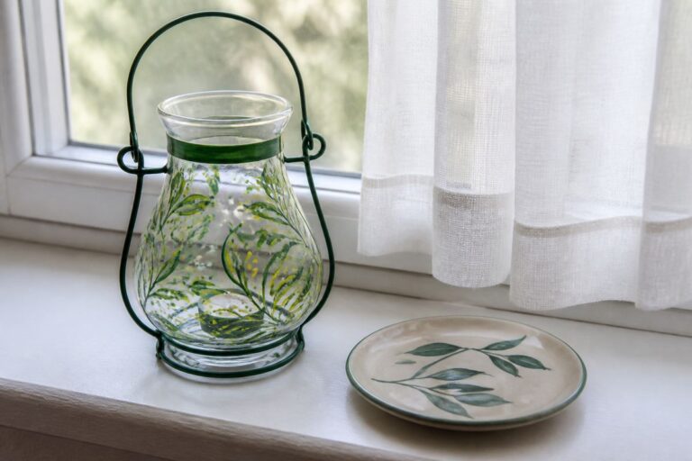 Painted glass vase catching daylight on a shelf