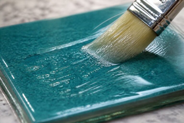Close view of painted glass showing paint layers