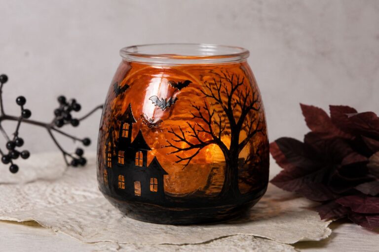 Painted Halloween glass on a table