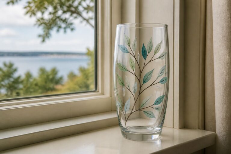 Painted glass vase photographed in daylight