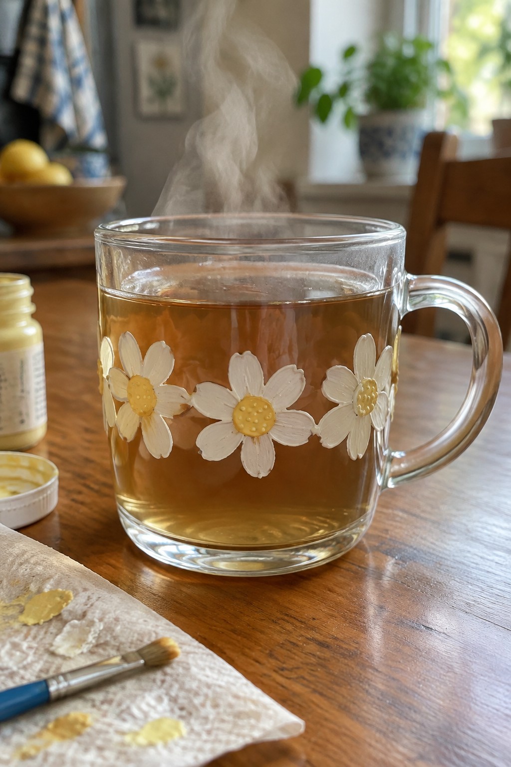 Glass mug of steaming tea with white daisy paintings beside yellow paint and brush