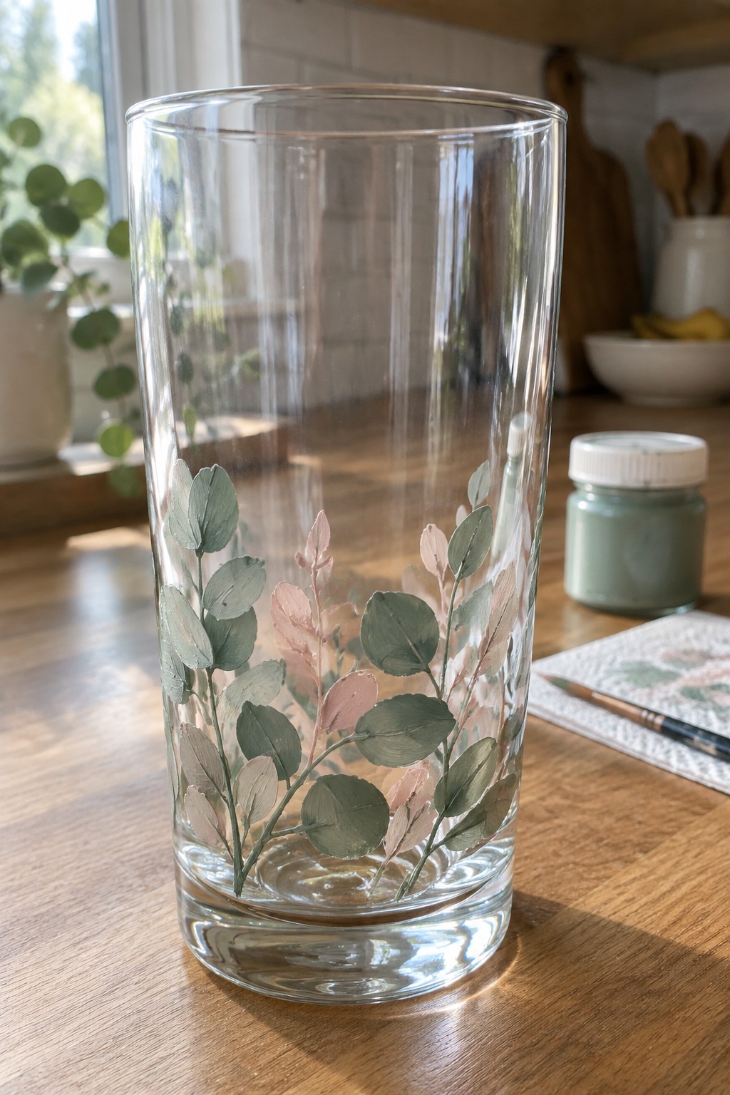 Clear glass tumbler hand-painted with green and pink eucalyptus leaves on wooden table.