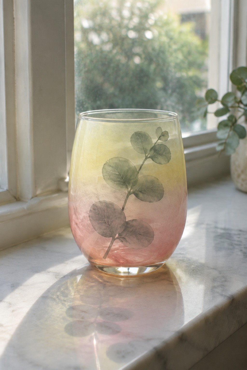 Gradient yellow-pink glass with eucalyptus print on sunlit marble windowsill by window.