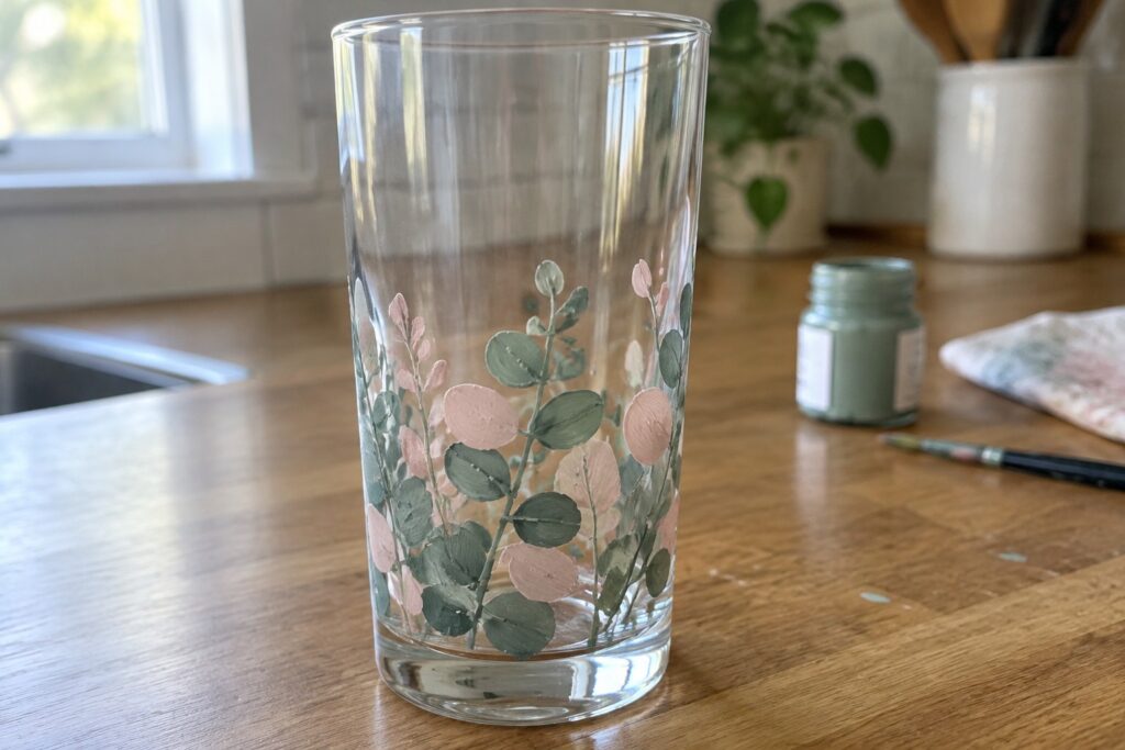 18 Aesthetic Glass Cup Painting Ideas in Soft Botanical Colors Clear glass tumbler hand-painted with green and pink eucalyptus leaves on wooden table.