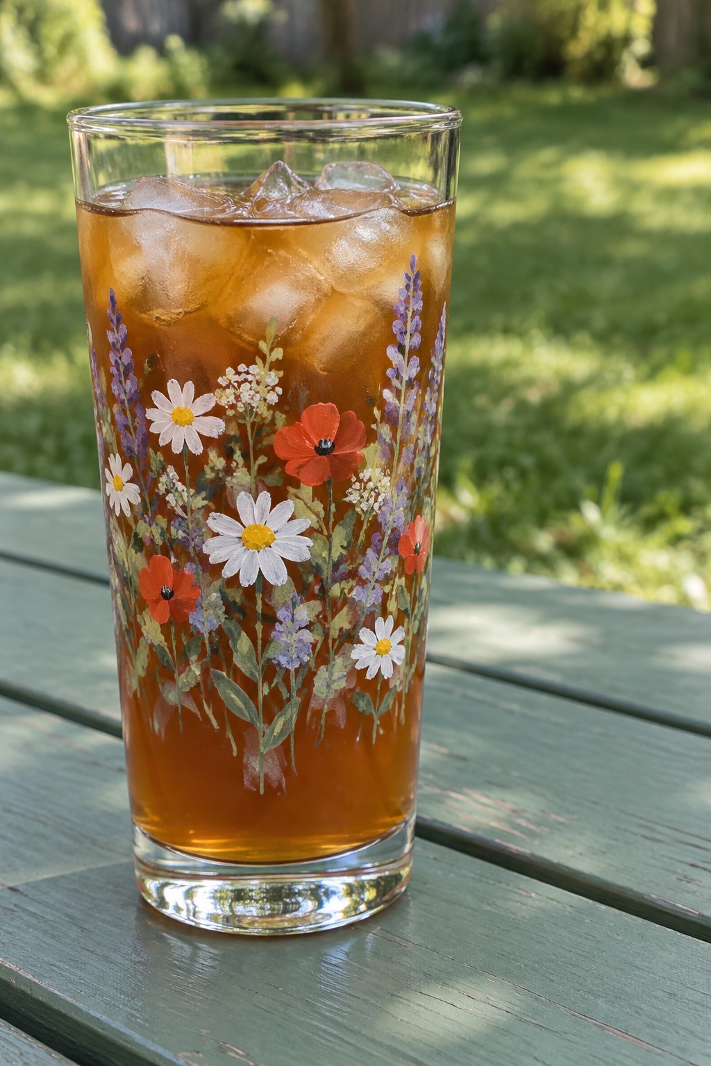 Floral-etched glass of iced tea with ice cubes on green wooden table