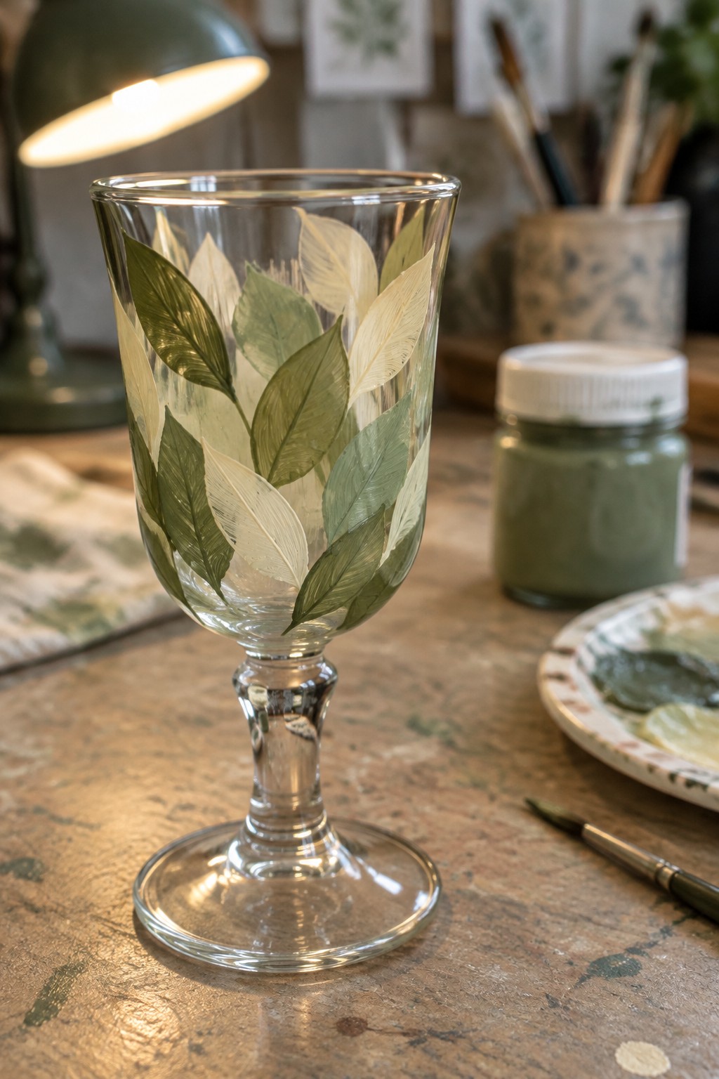 Glass goblet hand-painted with green and white leaves on wooden art table