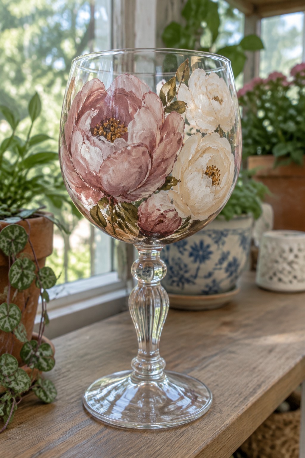 Painted wine glass with pink and white peonies on wooden table
