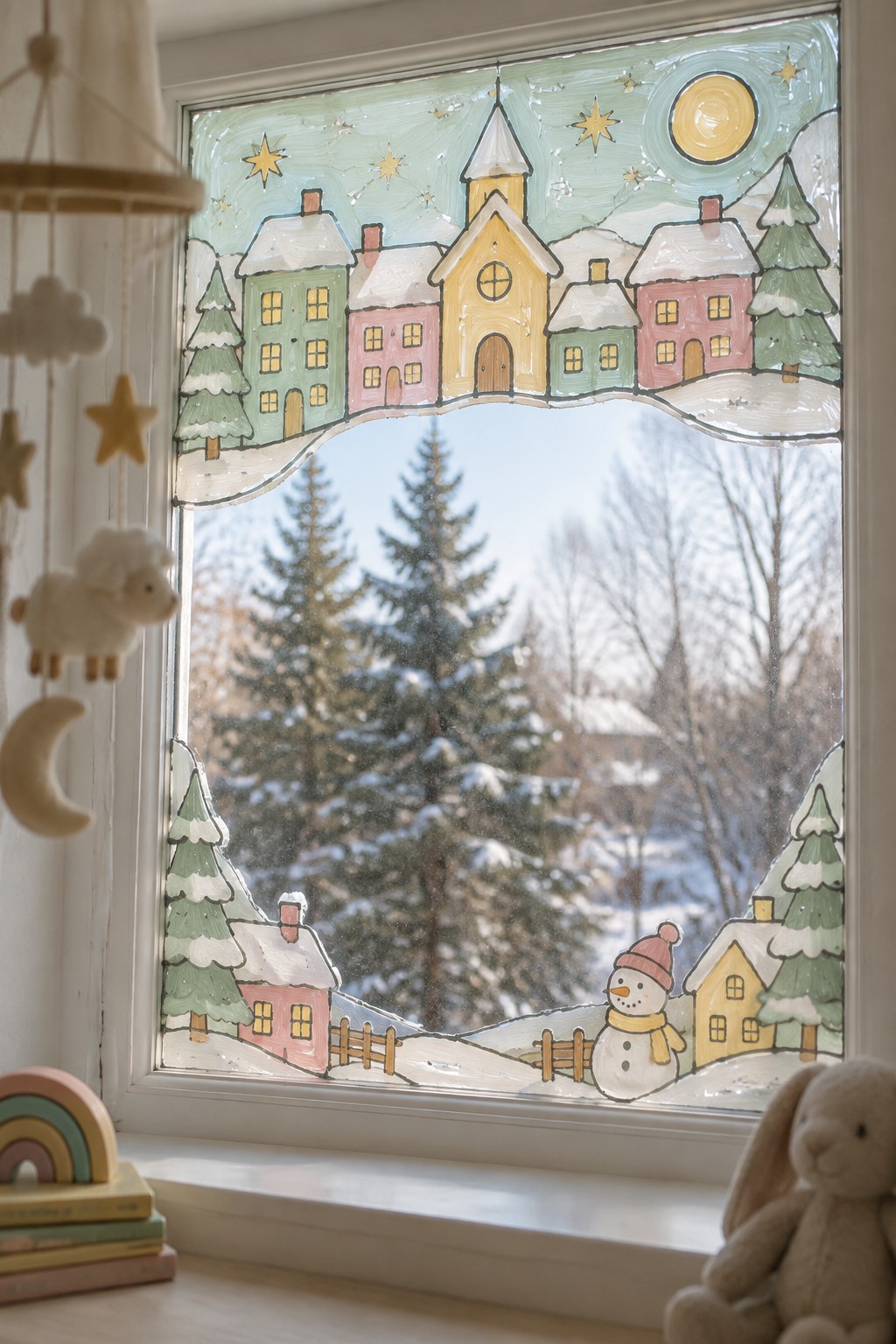 Hand-painted colorful winter village on window with toys on snowy sill