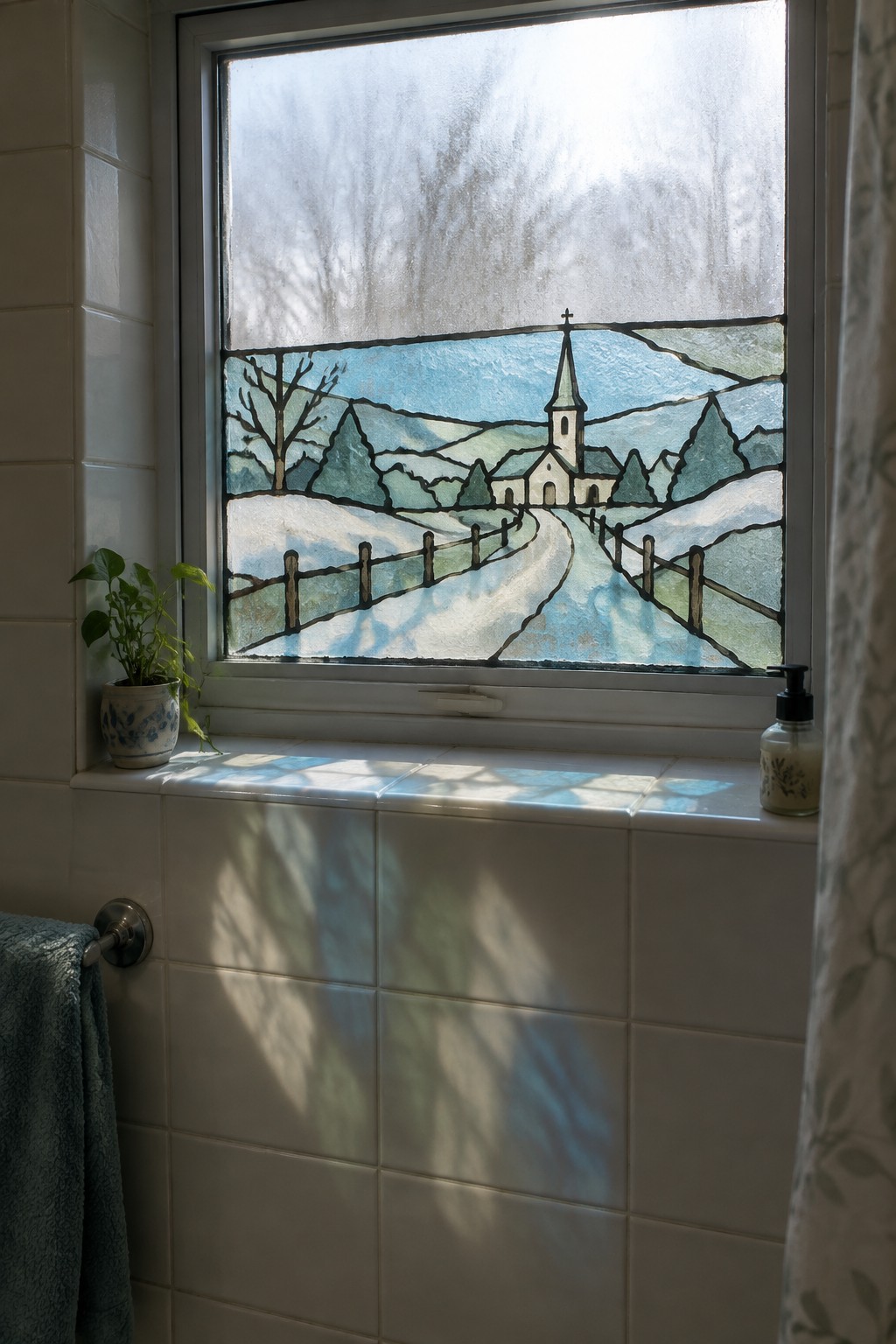 Stained glass window with snowy church scene above tiled bathroom windowsill with plant and soap