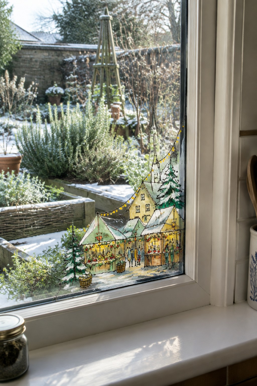 Christmas market painting on window overlooking snowy garden with trellis and plants