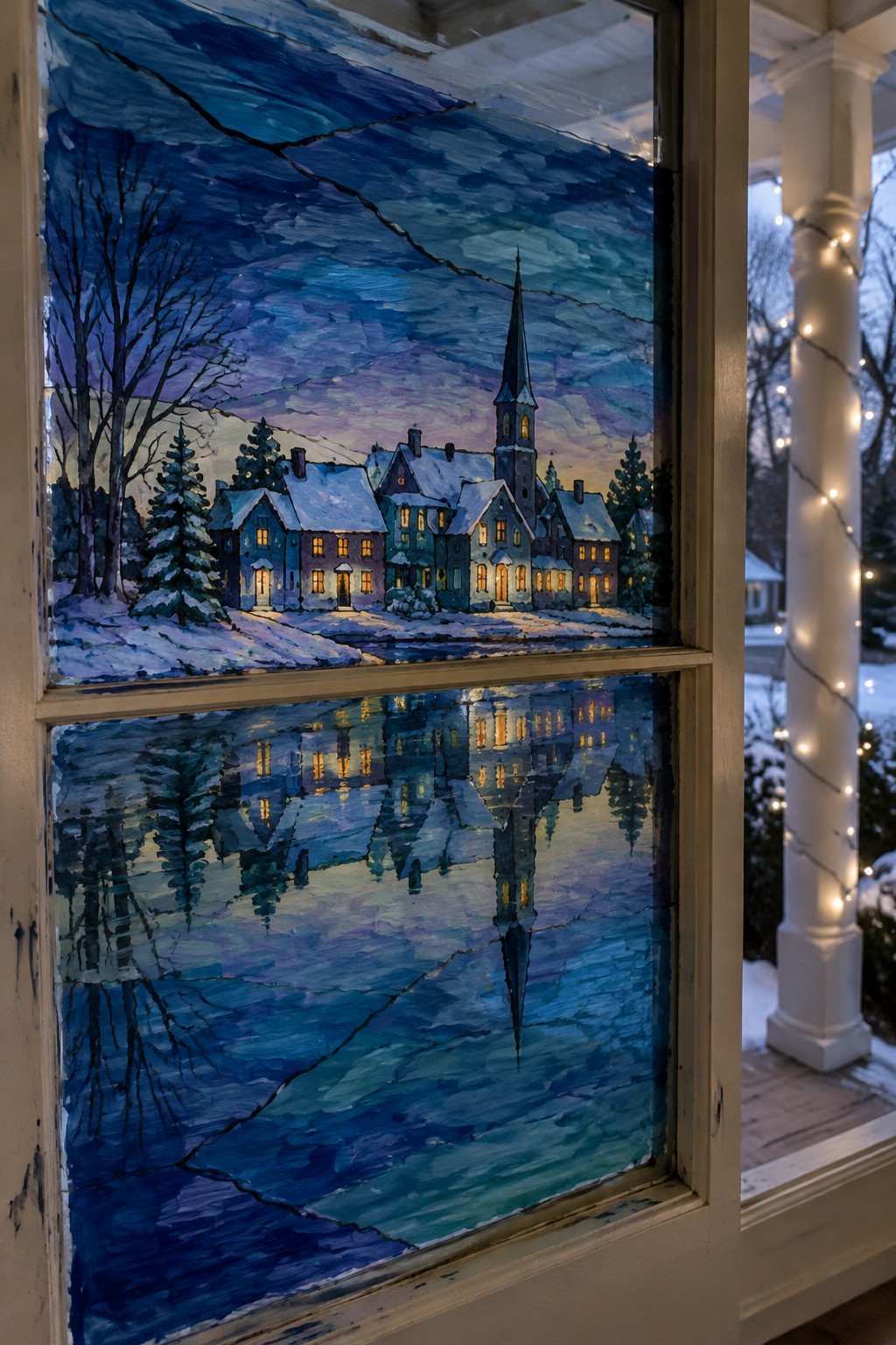 Cracked window painting of snowy village with glowing church steeple and reflections.