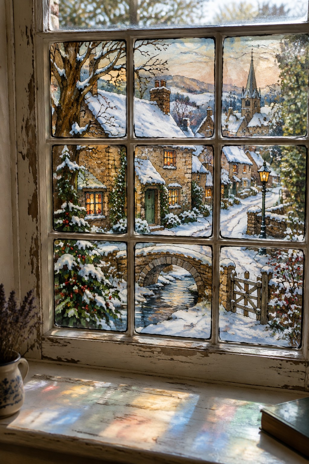 Snowy village with glowing cottages and church spire through old multi-paned window.