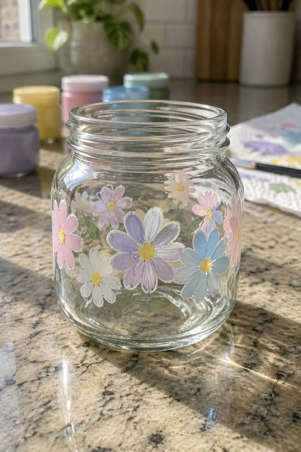 Glass jar hand-painted with pink, purple, blue, and white daisies on counter