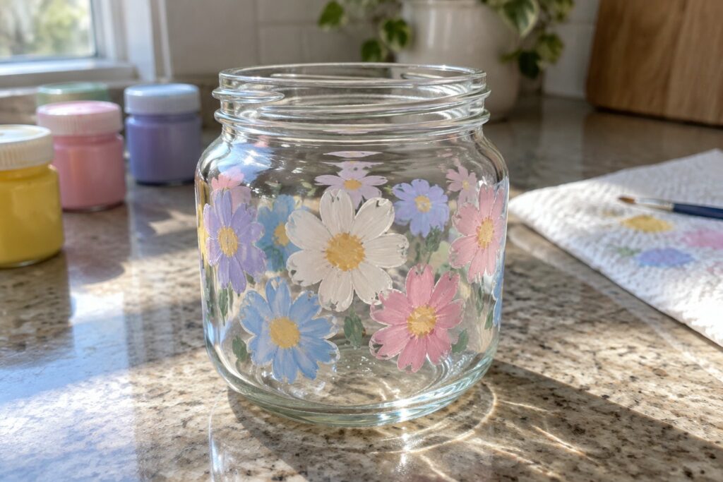 18 Creative Flower Glass Painting Ideas for Small Decorative Glass Pieces Glass jar hand-painted with pink, purple, blue, and white daisies on counter