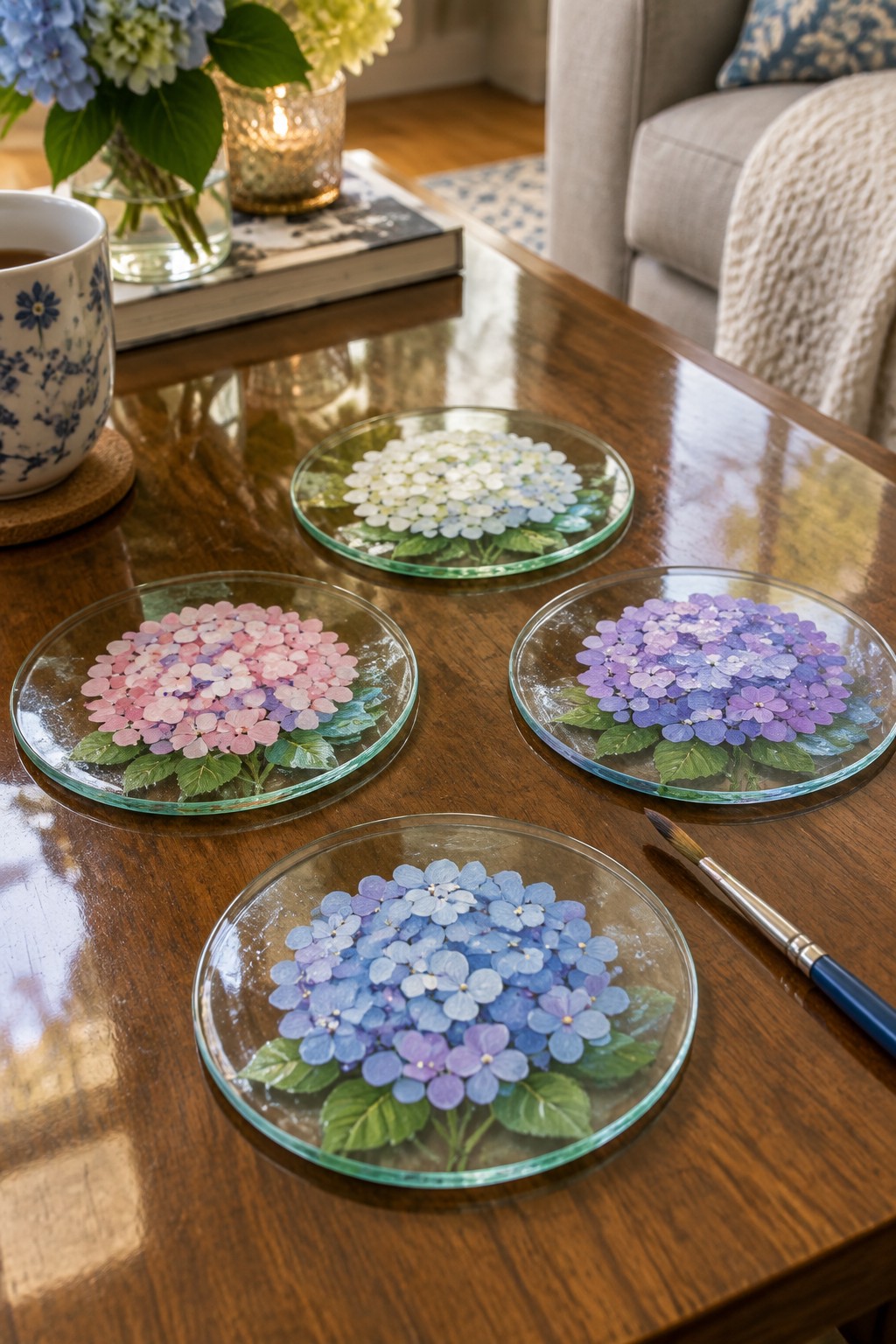 Four glass coasters with colorful pressed hydrangeas and paintbrush on wooden table