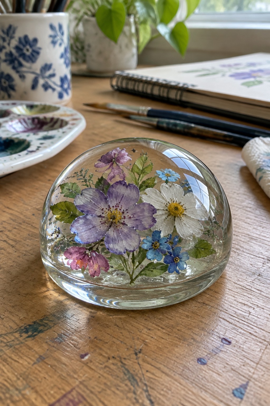 Glass dome with pressed purple, white, and blue flowers on wooden desk