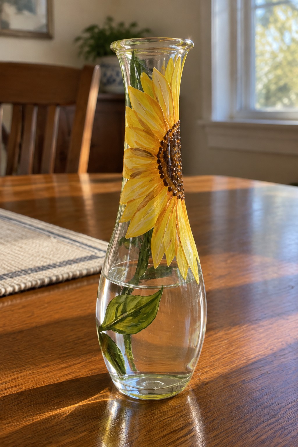 Clear glass vase with yellow sunflower painting and water on wooden table
