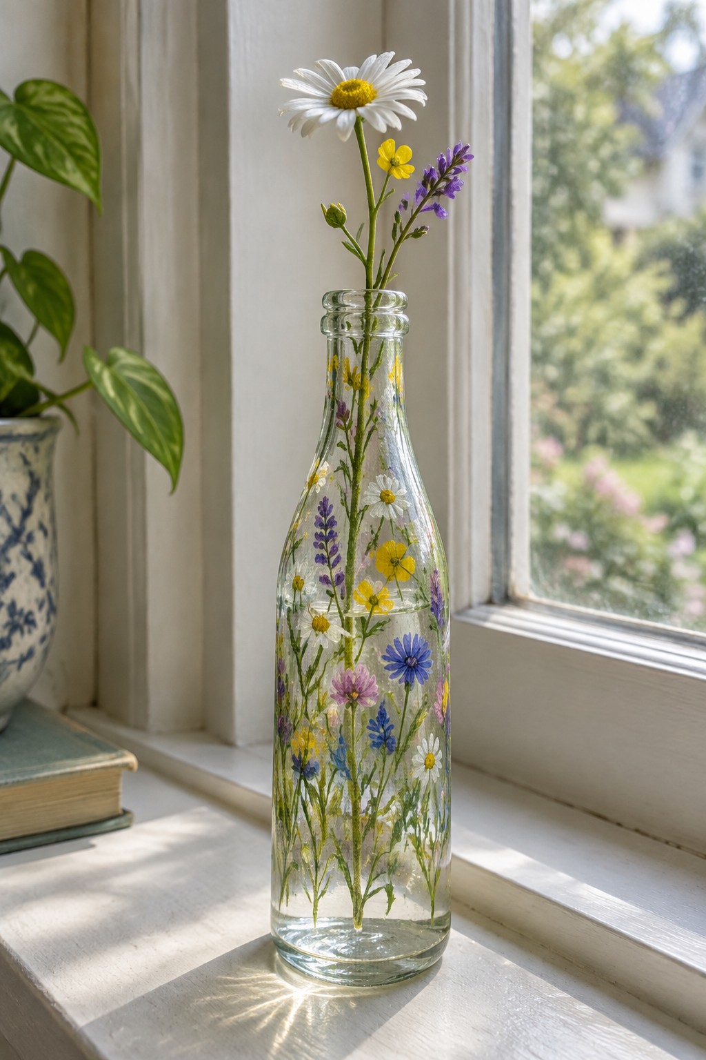 Clear glass bottle of colorful wildflowers on sunlit windowsill with potted plant nearby