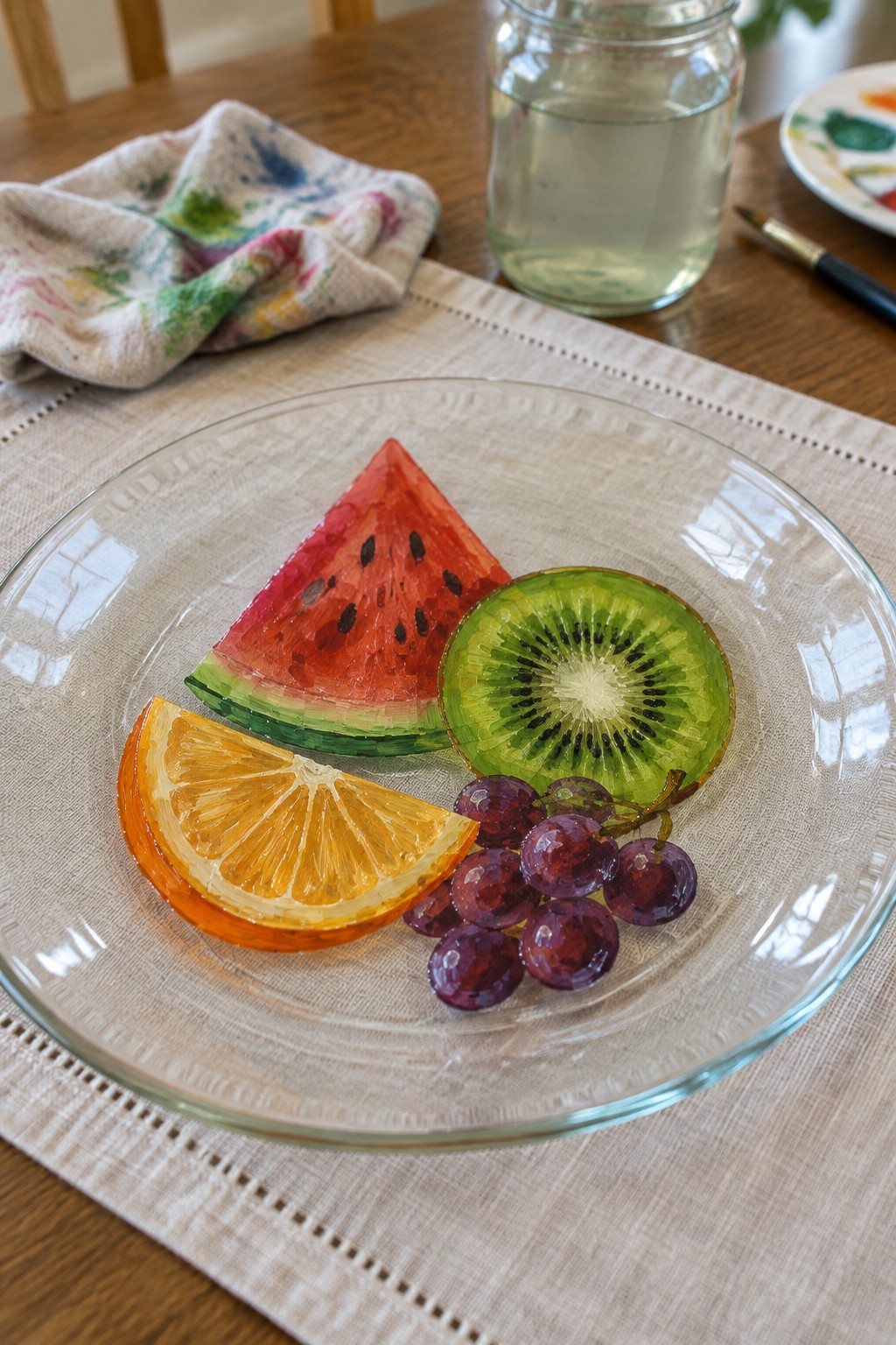 Glass plate with painted watermelon, kiwi, orange slices and purple grapes on table.