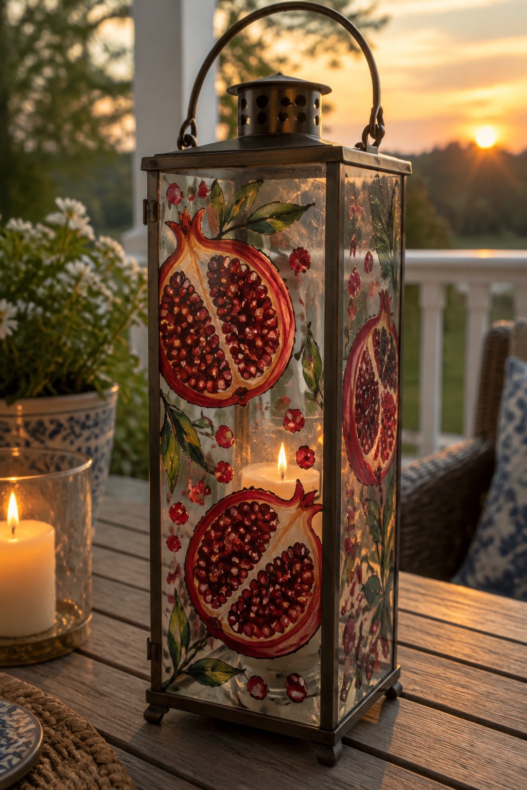 Ornate metal lantern painted with pomegranates holding lit candle on wooden table at sunset