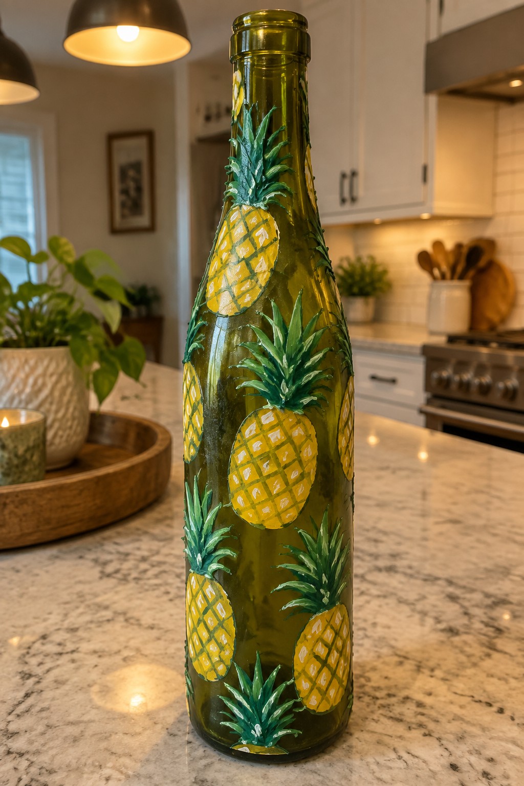 A green glass bottle with painted yellow pineapples stands on a marble kitchen counter.