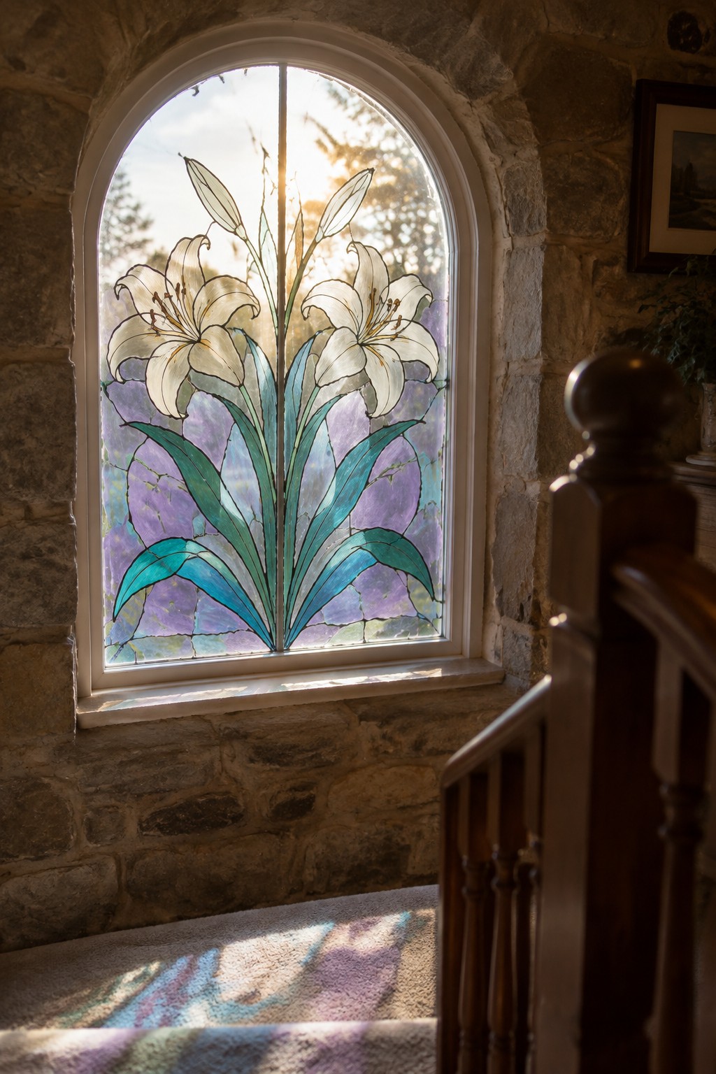 Arched stained glass window with white lilies casting colorful shadows on stairs.